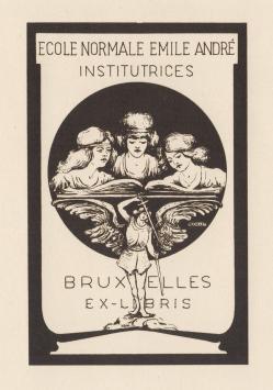 Marguerite Callet-Carcano met een houtsnede, ex libris