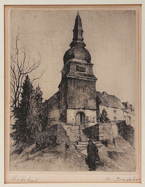 Camille Barthélemy met een ets uit 1950