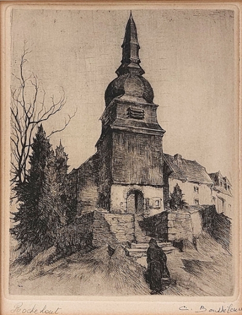 Camille Barthélemy met een ets op papier