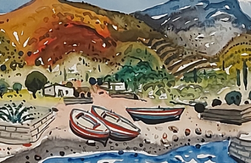 Gustave Camus met een waterverfschilderij