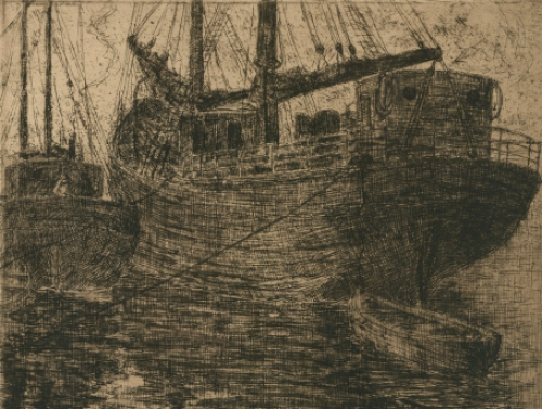 Casimir Heymans  met een ets van een Engelse haven