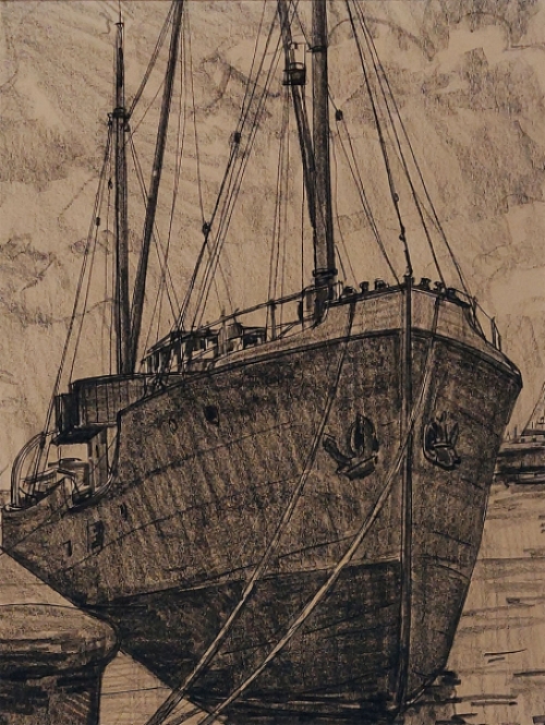 Casimir Heymans  met een tekening van aangemeerde boot