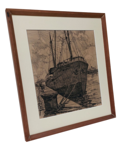 Tekening, Boot aan de meerpaal in de haven