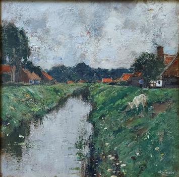 Henri Cassiers met een klein schilderij op papier