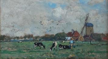 Henri Cassiers met een klein schilderij op papier