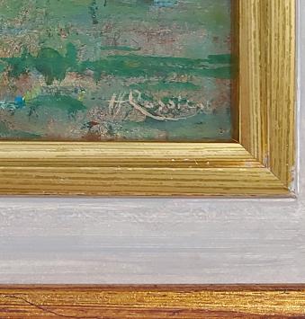 Schilderijtje, boer met koeien in de weide bij de molen