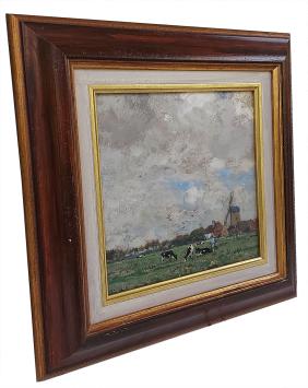 Schilderijtje, boer met koeien in de weide bij de molen