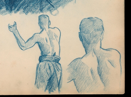 De Belgische kunstenaar Albert Caullet  met een potloodtekening