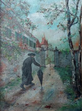 Charles Aerens met een olieverfschilderij