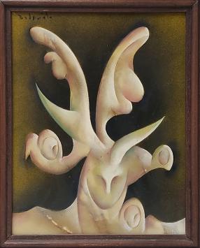 Surrealistisch schilderij op bord, gemengde techniek  van de schilder Charles Delporte kopen