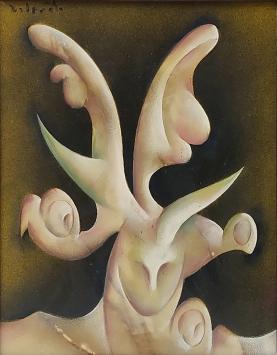 Charles Delporte met een surrealistisch kunstwerkje