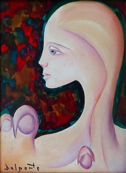 Charles Delporte met een surrealistisch kunstwerkje op canvas