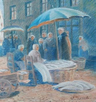 Schilderij Vismarkt van Charles Poupaert