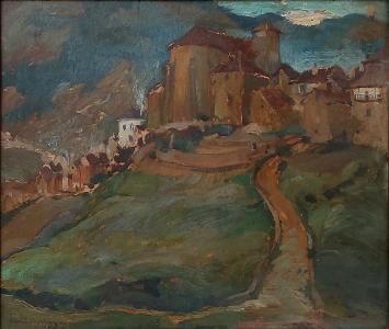 Charles Swyncop met een schilderij op paneel geschilderd