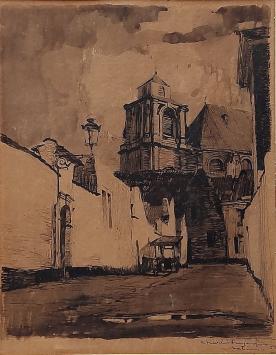 Charles Swyncop met een aquarel van Mechelen