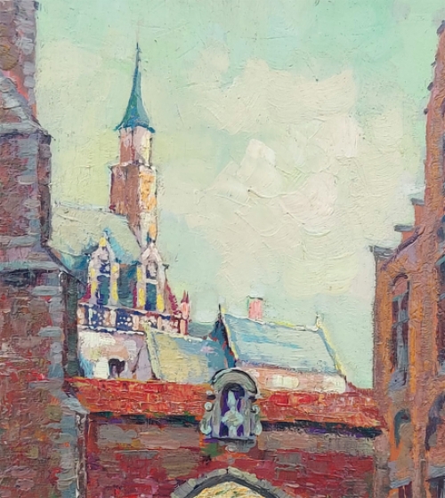 De Brugse schilder met een zicht op een Brugs tafereel
