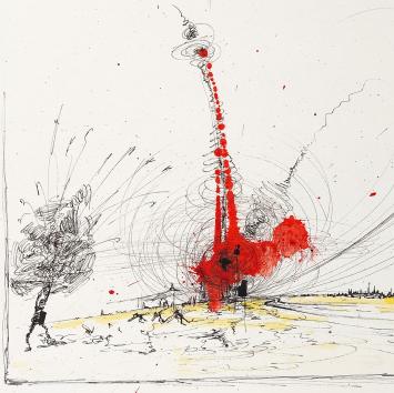 Auguste Chevalier met surrealistisch kunstwerk op papier