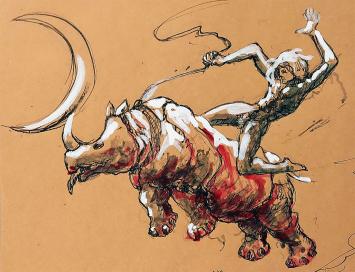 Auguste Chevalier met surrealistisch kunstwerk op papier