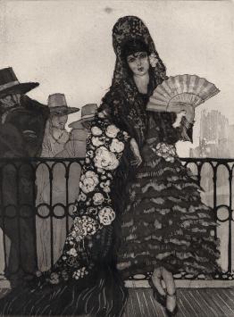 Édouard Chimot met een ets van dame met Spaanse kledij