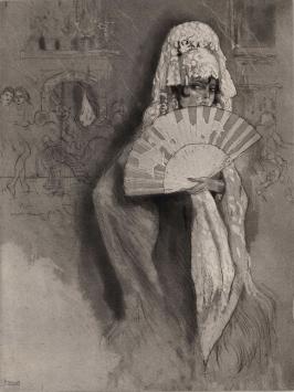 Édouard Chimot met een ets van dame met witte waaier
