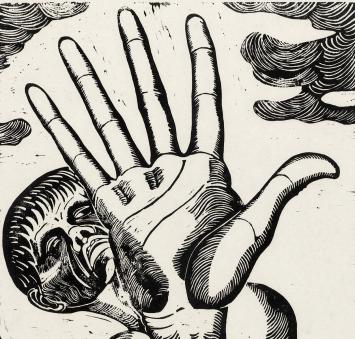 Chris Demangel met een linosnede  of linocut