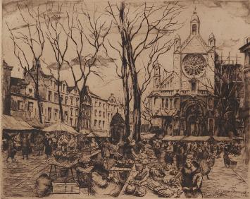 Ets van Brusselse markt geëtst door Jean Van Cleemput