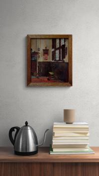 Interieur met stoel en spinnenwiel