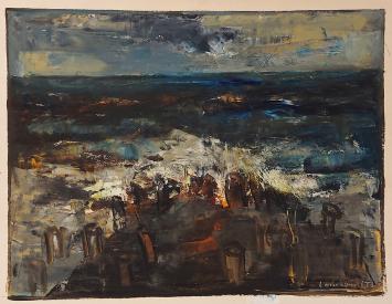 Belgische schilder Constant Lambrecht met een expressionistisch kunstwerk
