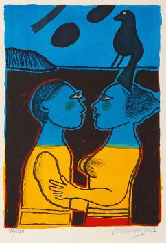 Litho uit 2002 van Corneille kopen, dame en vogel  en man