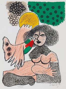 Litho uit 1986 van Corneille kopen, dame en vogel en zon