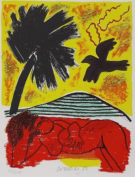 Litho uit 1986 van Corneille kopen, dame en vogel