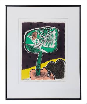 Corneille met een gesigneerde lithografie uit 1986