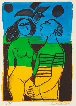 Litho uit 2002 van Corneille kopen, dame en vogel  en man