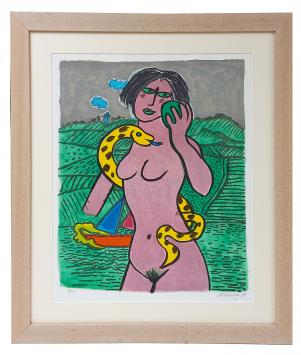 Corneille met een grote gesigneerde lithografie uit 1986