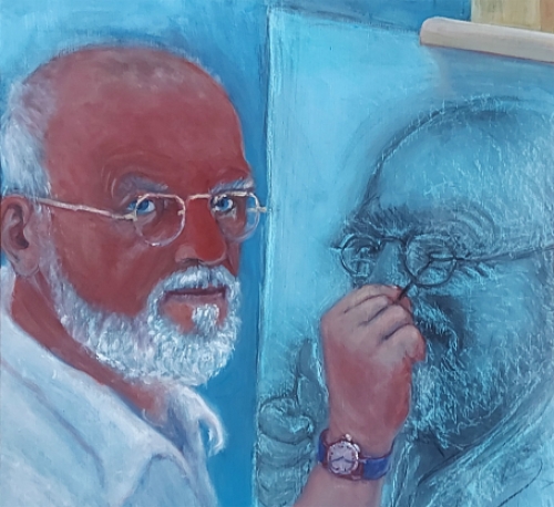 Kunstschilder Cornel Snels met een schilderij, pastel