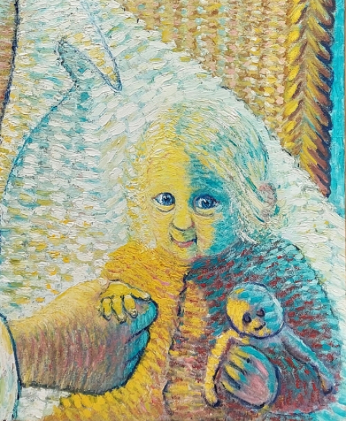 Kunstschilder Cornel Snels met een pointillistisch schilderij