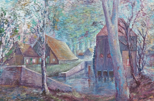Kunstschilder Cornel Snels met een schilderij van een watermolen