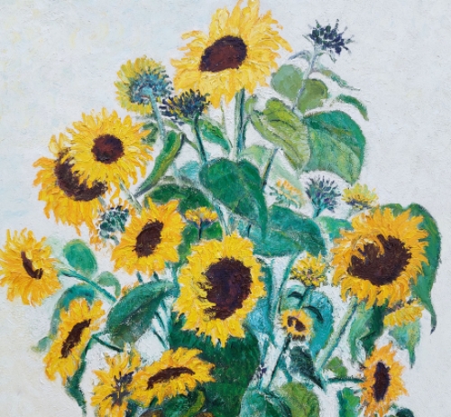 Kunstschilder Cornel Snels met een schilderij van zonnebloemen