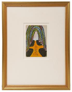 Gouache “Nieuwjaar 1956” van Jan Cox met kleurrijke boogvormige bomen en geel pad, handgeschreven opdracht.