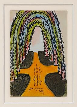 Gouache “Nieuwjaar 1956” by Jan Cox with colourful arched trees and yellow path, handwritten dedication.