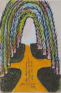 Gouache “Nieuwjaar 1956” de Jan Cox avec arbres colorés en arc et chemin jaune, dédicace manuscrite.