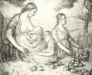 George Creten  met vrouwen onder appelboom