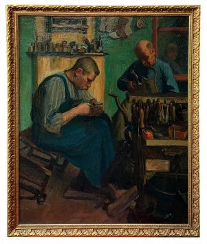 De Schoenmakers – schilderij van Hippolyte Prat uit 1918 met twee ambachtslieden in atelier
