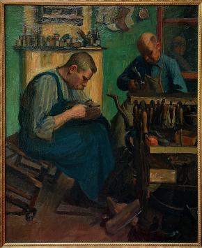The Shoemakers – painting by Hippolyte Prat from 1918 showing two craftsmen in a workshop