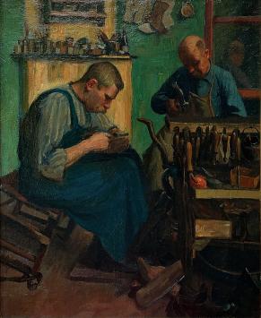 Les Cordonniers – tableau de Hippolyte Prat de 1918 représentant deux artisans à l’atelier