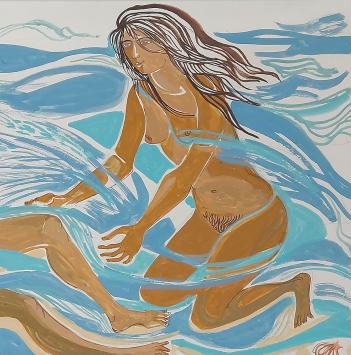 Gouache, twee dames in het water aan de zee