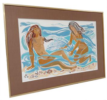 Gouache, twee dames in het water aan de zee
