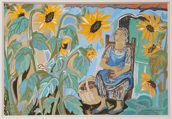 Belgische kunstenares Mary Dambiermont  met gouache