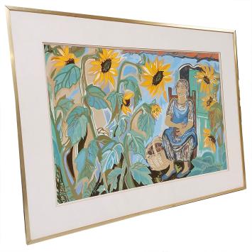 Gouache, moeder tussen de zonnebloemen aan haar huisje