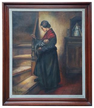 Schilderij “Romantisch tafereel, moeder met baby op de trap” van Ignace Kennis met vrouw, kind en trapinterieur.